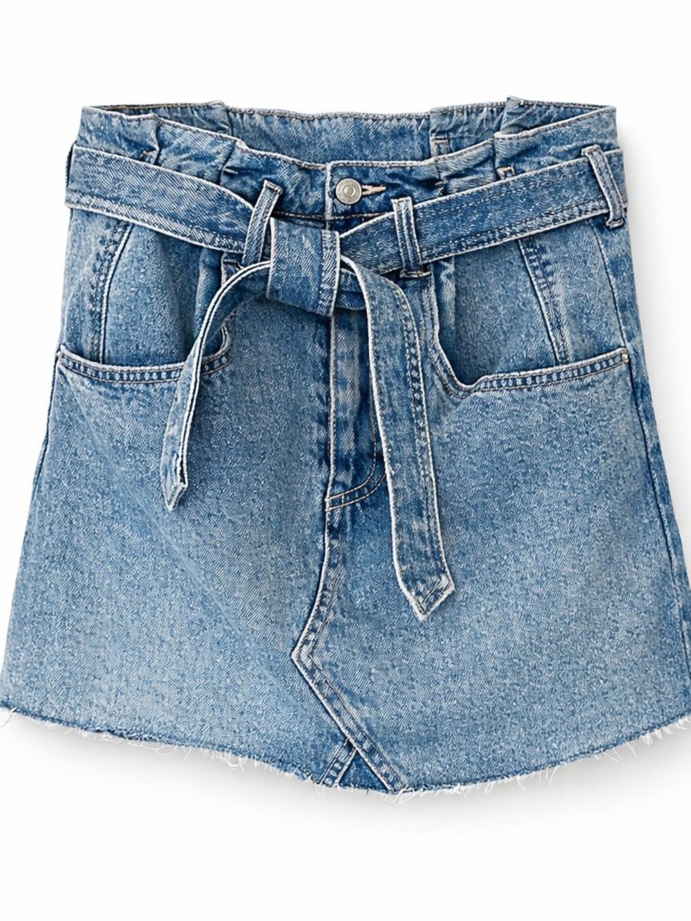 High‑Waisted Denim Mini Skirt – Belted Raw Hem Vintage Wash Statement